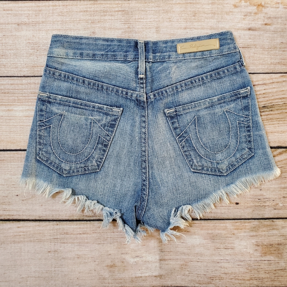True Religion Light Blue Denim Jean Cutoff Shorts